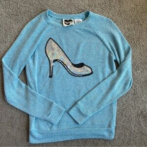 Women's Blue Sweater with Sequin Cinderella Shoe Design